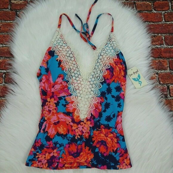 NWT Sea Angel Tankini Top Swimsuit Lace Trim Floral V-Neck NWT S - Picture 2 of 10
